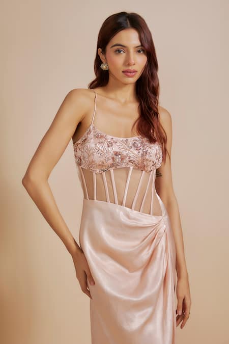 Buy_Masumi Mewawalla_Peach Net, Linen Embroidery Scoop Neck Corset Draped Dress _Online_at_Aza_Fashions