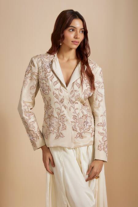 Masumi Mewawalla_Beige Tissue, Satin, Organza, Silk Floral Hand Jacket With Dhoti Pant _Online_at_Aza_Fashions
