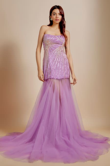 Buy Masumi Mewawalla Purple Net, Linen Embroidery Bandeau Neck Hand Strapless Gown Online at Aza Fashions Buy_Masumi Mewawalla_Purple Net, Linen Embroidery Bandeau Neck Hand Strapless Gown _Online_at_Aza_Fashions
