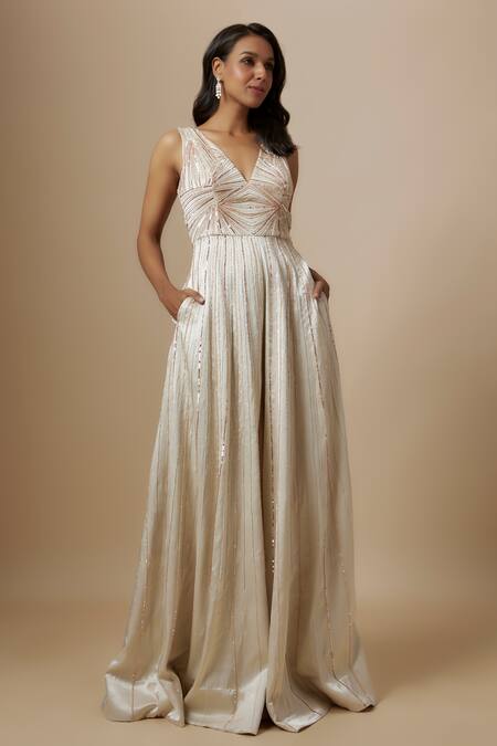 Buy_Masumi Mewawalla_Beige Satin Embroidery V-neck Hand Jumpsuit _Online_at_Aza_Fashions