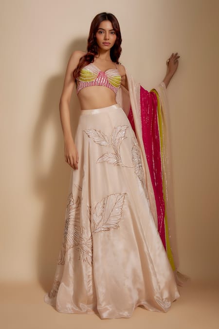 Masumi Mewawalla_Peach Georgette, Tissue, Linen Zari, Embroidery Leaf Hand Lehenga Set _Online_at_Aza_Fashions