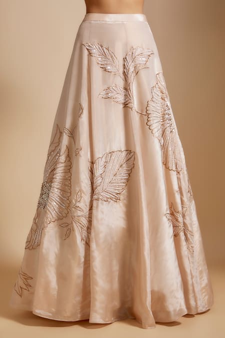 Buy_Masumi Mewawalla_Peach Georgette, Tissue, Linen Zari, Embroidery Leaf Hand Lehenga Set _Online_at_Aza_Fashions