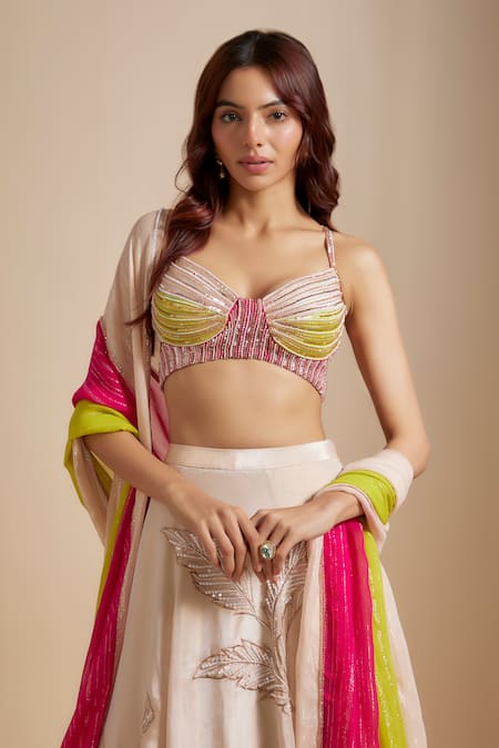 Shop_Masumi Mewawalla_Peach Georgette, Tissue, Linen Zari, Embroidery Leaf Hand Lehenga Set _Online_at_Aza_Fashions