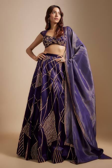 Buy_Masumi Mewawalla_Purple Tissue, Maheshwari Zari, Embroidery Geometric Hand Lehenga Set _Online_at_Aza_Fashions