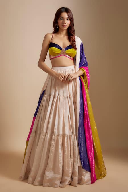 Masumi Mewawalla Tiered Skirt Set With Multi Colored Dupatta 