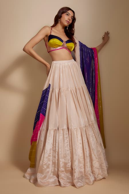 Buy_Masumi Mewawalla_Peach Tissue, Georgette Zari, Tiered Skirt Set With Multi Colored Dupatta _Online_at_Aza_Fashions