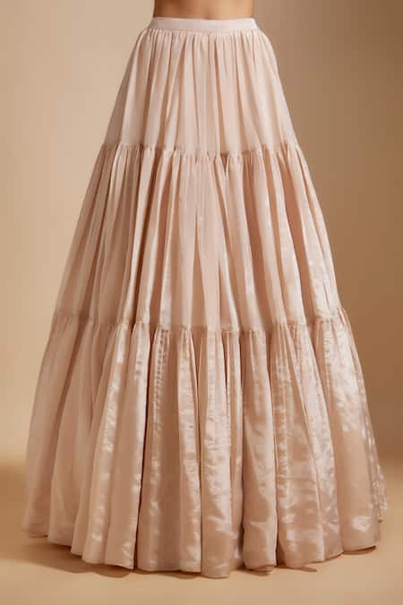 Shop_Masumi Mewawalla_Peach Tissue, Georgette Zari, Tiered Skirt Set With Multi Colored Dupatta _Online_at_Aza_Fashions