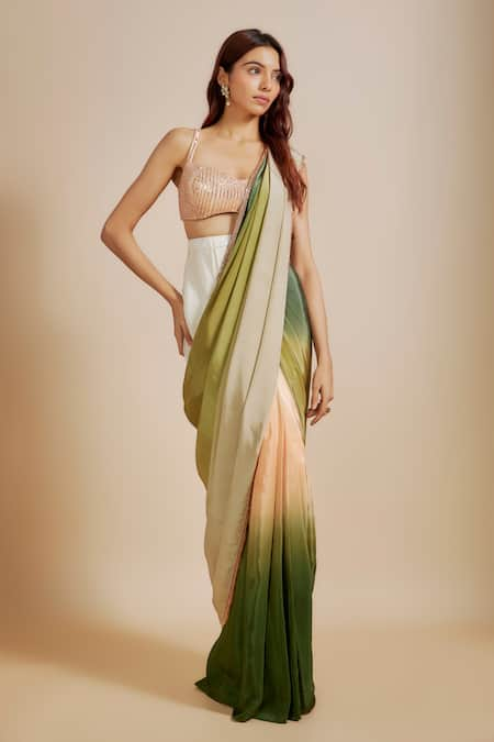 Masumi Mewawalla Green Natural Crepe Hand Embroidered Ombre Pre-draped Saree With Blouse 