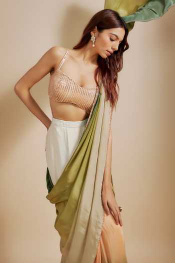 Masumi Mewawalla_Green Crepe, Silk, Satin Embroidery Ombre Pre-draped Saree With Blouse _Online_at_Aza_Fashions