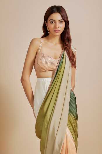 Buy_Masumi Mewawalla_Green Crepe, Silk, Satin Embroidery Ombre Pre-draped Saree With Blouse _Online_at_Aza_Fashions