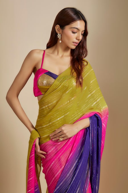 Buy_Masumi Mewawalla_Yellow Georgette, Gabardine Embroidery Sweetheart Neck Ombre Saree With Blouse _Online_at_Aza_Fashions