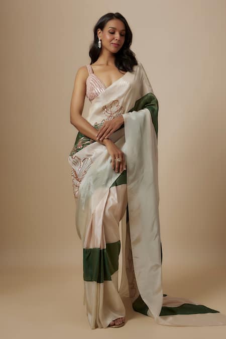 Buy_Masumi Mewawalla_Green Tissue, Linen Zari, Embroidery Plunge Neck Color Block Saree With Blouse _Online_at_Aza_Fashions