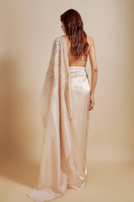 Shop Masumi Mewawalla Peach Tissue, Linen Zari, Embroidery Skirt Saree With Rose Gold Blouse at Aza Fashions Shop_Masumi Mewawalla_Peach Tissue, Linen Zari, Embroidery Skirt Saree With Rose Gold Blouse _at_Aza_Fashions