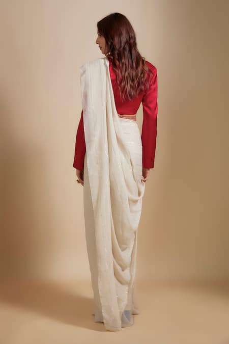Shop Masumi Mewawalla Beige Georgette, Silk Embroidery, Zari Collared Pre-draped Saree With Blazer at Aza Fashions Shop_Masumi Mewawalla_Beige Georgette, Silk Embroidery, Zari Collared Pre-draped Saree With Blazer _at_Aza_Fashions
