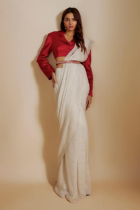 Masumi Mewawalla Beige Georgette, Silk Embroidery, Zari Collared Pre-draped Saree With Blazer Online at Aza Fashions Masumi Mewawalla_Beige Georgette, Silk Embroidery, Zari Collared Pre-draped Saree With Blazer _Online_at_Aza_Fashions