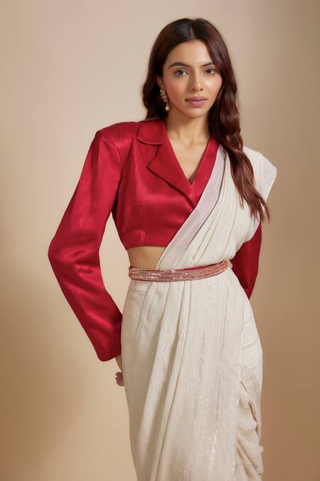 Buy Masumi Mewawalla Beige Georgette, Silk Embroidery, Zari Collared Pre-draped Saree With Blazer Online at Aza Fashions Buy_Masumi Mewawalla_Beige Georgette, Silk Embroidery, Zari Collared Pre-draped Saree With Blazer _Online_at_Aza_Fashions