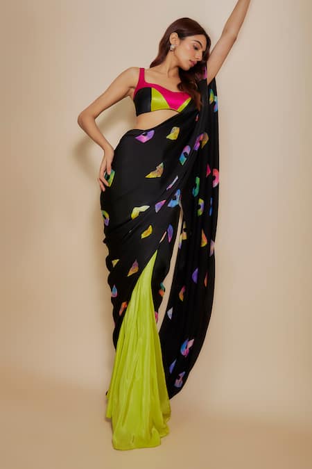 Buy Masumi Mewawalla Black Gabardine, Crepe Embroidery Shibori Pre-draped Saree With Blouse Online at Aza Fashions Buy_Masumi Mewawalla_Black Gabardine, Crepe Embroidery Shibori Pre-draped Saree With Blouse _Online_at_Aza_Fashions
