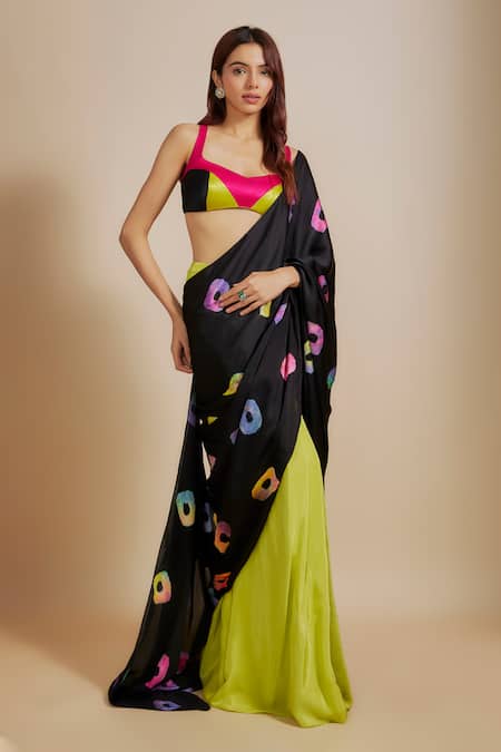 Masumi Mewawalla Black Gabardine, Crepe Embroidery Shibori Pre-draped Saree With Blouse at Aza Fashions Masumi Mewawalla_Black Gabardine, Crepe Embroidery Shibori Pre-draped Saree With Blouse _at_Aza_Fashions