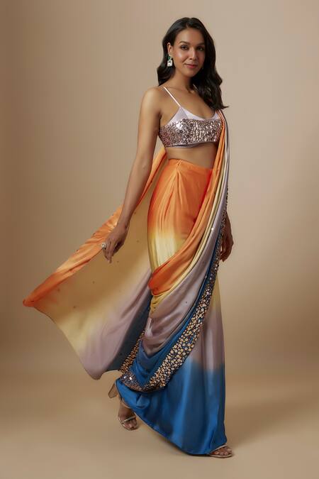 Buy_Masumi Mewawalla_Multi Color Gabardine Sequins Scoop Sunset Ombre Pre-draped Saree With Blouse _Online_at_Aza_Fashions