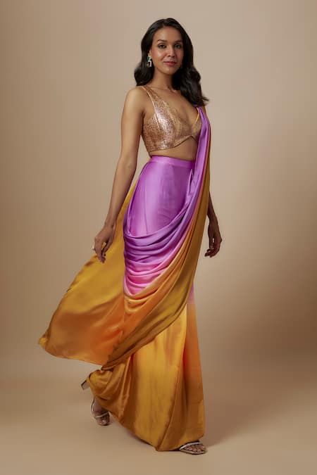 Masumi Mewawalla_Yellow Gingham Embroidery Plunge Ombre Pre-draped Saree With Badla Work Blouse _Online_at_Aza_Fashions