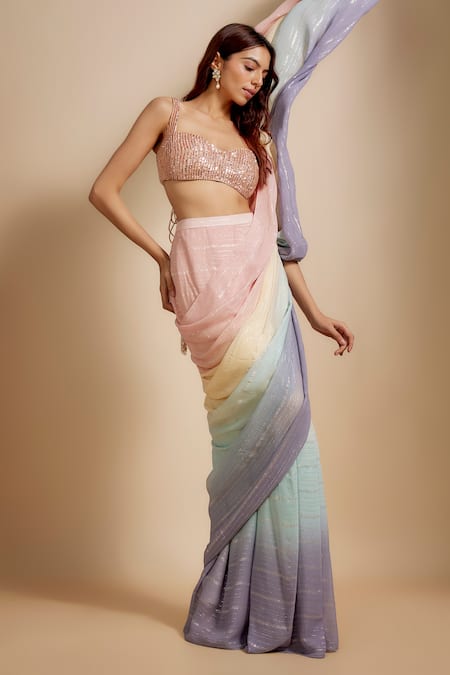 Masumi Mewawalla Multi Color Georgette, Linen Pastel Ombre Pre-draped Saree With Blouse Online at Aza Fashions Masumi Mewawalla_Multi Color Georgette, Linen Pastel Ombre Pre-draped Saree With Blouse _Online_at_Aza_Fashions