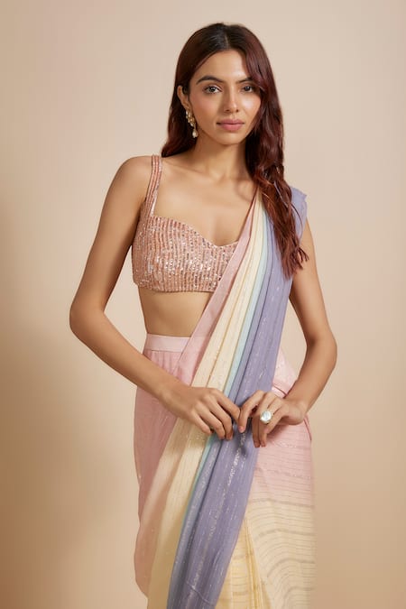 Shop Masumi Mewawalla Multi Color Georgette, Linen Pastel Ombre Pre-draped Saree With Blouse Online at Aza Fashions Shop_Masumi Mewawalla_Multi Color Georgette, Linen Pastel Ombre Pre-draped Saree With Blouse _Online_at_Aza_Fashions