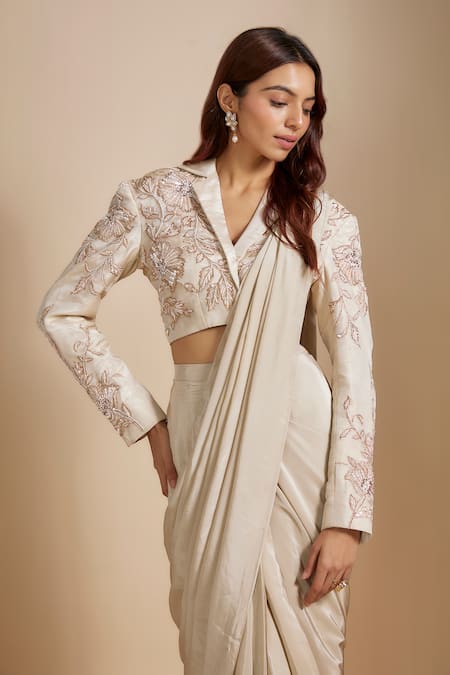 Buy_Masumi Mewawalla_Beige Georgette, Tissue, Linen Embroidery, Pre-draped Saree With Leaf Blazer _Online_at_Aza_Fashions