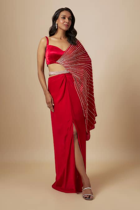 Masumi Mewawalla_Red Crepe Embroidery Sweetheart Neck Slit Skirt With Draped Blouse _Online_at_Aza_Fashions