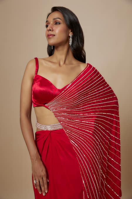 Buy_Masumi Mewawalla_Red Crepe Embroidery Sweetheart Neck Slit Skirt With Draped Blouse _Online_at_Aza_Fashions
