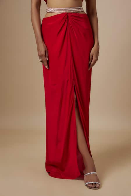 Shop_Masumi Mewawalla_Red Crepe Embroidery Sweetheart Neck Slit Skirt With Draped Blouse _Online_at_Aza_Fashions