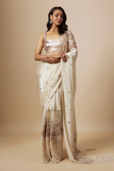 Masumi Mewawalla Beige Natural Crepe Hand Embroidered Sequins Block Pre-draped Saree With Blouse 