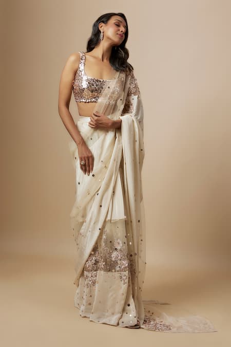Masumi Mewawalla_Beige Net, Silk Sequins Round Block Embroidered Pre-draped Saree With Blouse _Online_at_Aza_Fashions