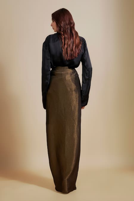 Shop_Masumi Mewawalla_Black Satin, Organza, Tissue, Linen Embroidery, Zari Patch Shirt And Skirt Set _at_Aza_Fashions