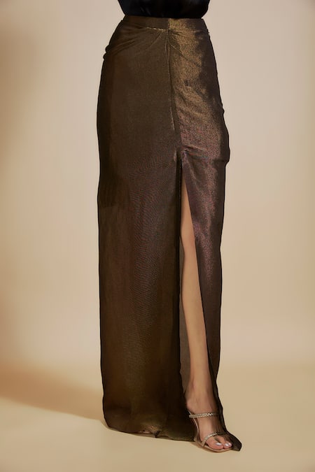 Masumi Mewawalla_Black Satin, Organza, Tissue, Linen Embroidery, Zari Patch Shirt And Skirt Set _Online_at_Aza_Fashions