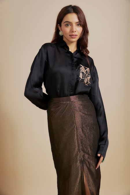 Buy_Masumi Mewawalla_Black Satin, Organza, Tissue, Linen Embroidery, Zari Patch Shirt And Skirt Set _Online_at_Aza_Fashions