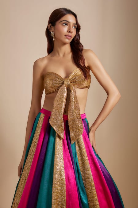 Masumi Mewawalla_Multi Color Silk, Cotton Zari, Embroidery, Bows Block Skirt With Blouse _Online_at_Aza_Fashions