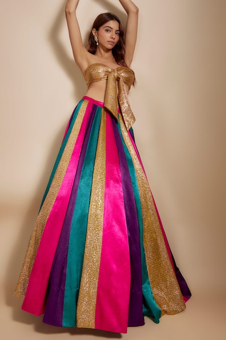 Buy_Masumi Mewawalla_Multi Color Silk, Cotton Zari, Embroidery, Bows Block Skirt With Blouse _Online_at_Aza_Fashions