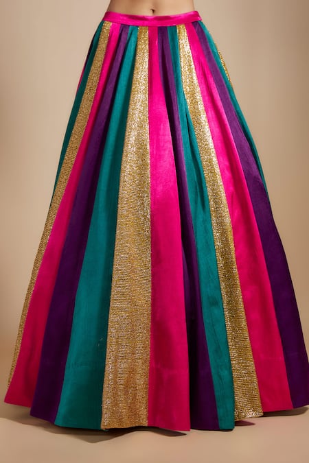 Shop_Masumi Mewawalla_Multi Color Silk, Cotton Zari, Embroidery, Bows Block Skirt With Blouse _Online_at_Aza_Fashions