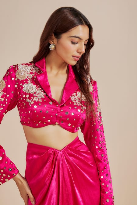 Masumi Mewawalla_Pink Silk Embroidery, Sequins Crop Blazer With Draped Skirt _Online_at_Aza_Fashions