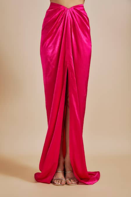 Buy_Masumi Mewawalla_Pink Silk Embroidery, Sequins Crop Blazer With Draped Skirt _Online_at_Aza_Fashions