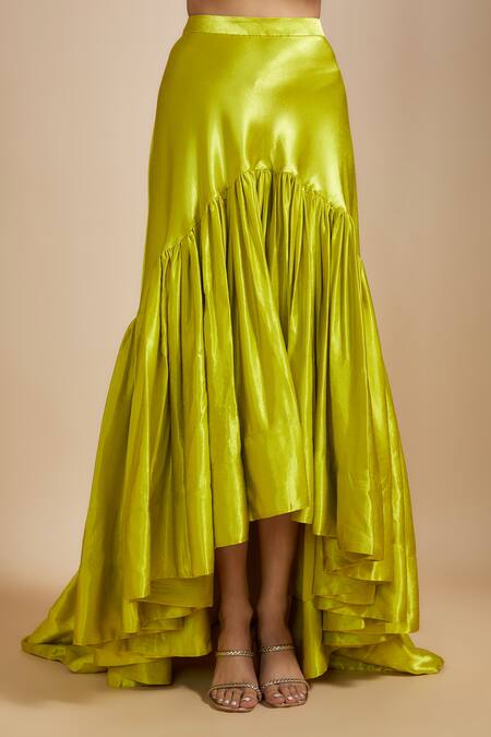 Masumi Mewawalla_Green Maheshwari Embroidery Off-shoulder Neon Frill Skirt And Off Sholder Top Set _Online_at_Aza_Fashions