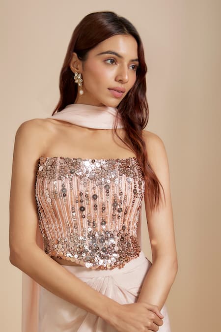Masumi Mewawalla_Peach Net, Tissue Sequins, Beads, Cut Work Embroidered Corset And Draped Skirt Set _Online_at_Aza_Fashions