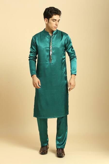 Masumi Mewawalla_Green Maheshwari Sequins Placket Kurta And Pant Set _Online_at_Aza_Fashions