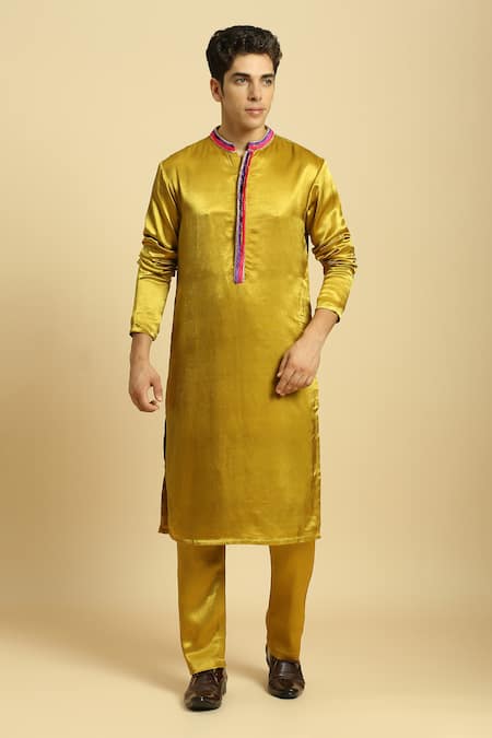 Masumi Mewawalla_Yellow Lurex, Chiffon Zari, Embroidery Mustard Kurta Set With Dupatta _Online_at_Aza_Fashions