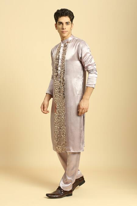 Masumi Mewawalla_Purple Maheshwari, Silk Sequins Embroidered Kurta And Pant Set _Online_at_Aza_Fashions