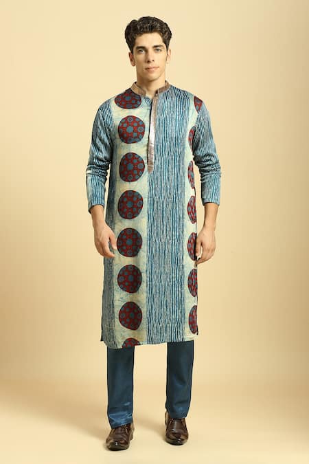 Masumi Mewawalla_Blue Gabardine Embroidery Ajrakh Print Kurta Pant Set _Online_at_Aza_Fashions