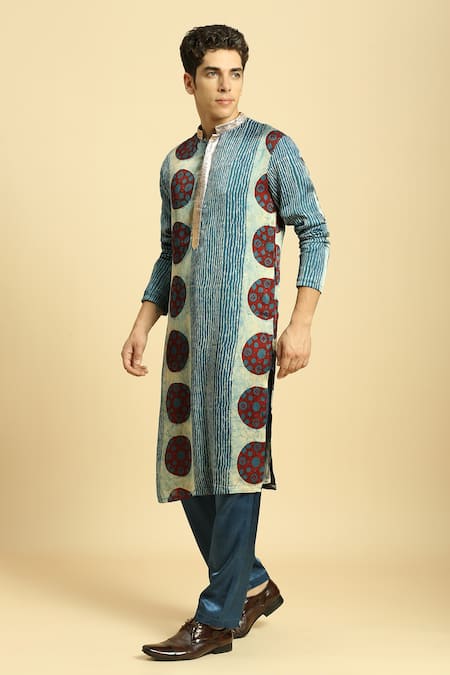Buy_Masumi Mewawalla_Blue Gabardine Embroidery Ajrakh Print Kurta Pant Set _Online_at_Aza_Fashions