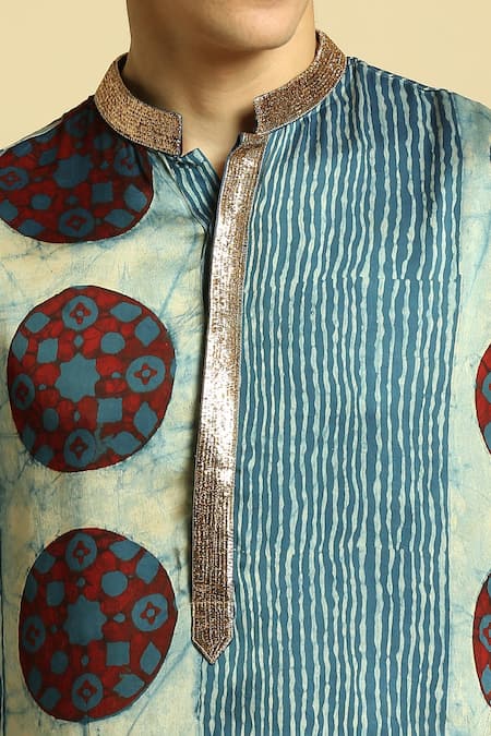 Shop_Masumi Mewawalla_Blue Gabardine Embroidery Ajrakh Print Kurta Pant Set _Online_at_Aza_Fashions