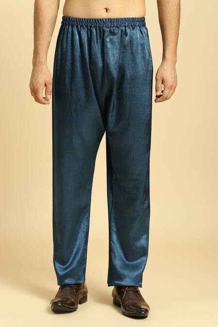 Masumi Mewawalla_Blue Gabardine Embroidery Ajrakh Print Kurta Pant Set _at_Aza_Fashions