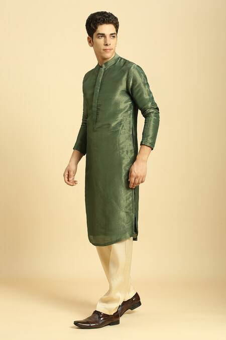 Masumi Mewawalla_Green Silk, Tissue Kurta Set With Color Block Dupatta _Online_at_Aza_Fashions